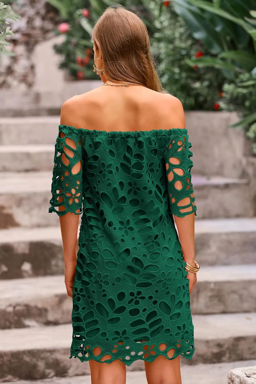 Melliflo Women's Off Shoulder Lace Shift Mini Dress Open Back Floral Crochet Casual Sundress A Line Loose Fit Mini Dress