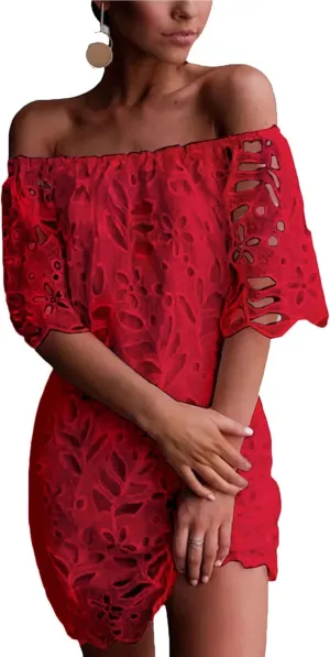 Melliflo Women's Off Shoulder Lace Shift Mini Dress Open Back Floral Crochet Casual Sundress A Line Loose Fit Mini Dress