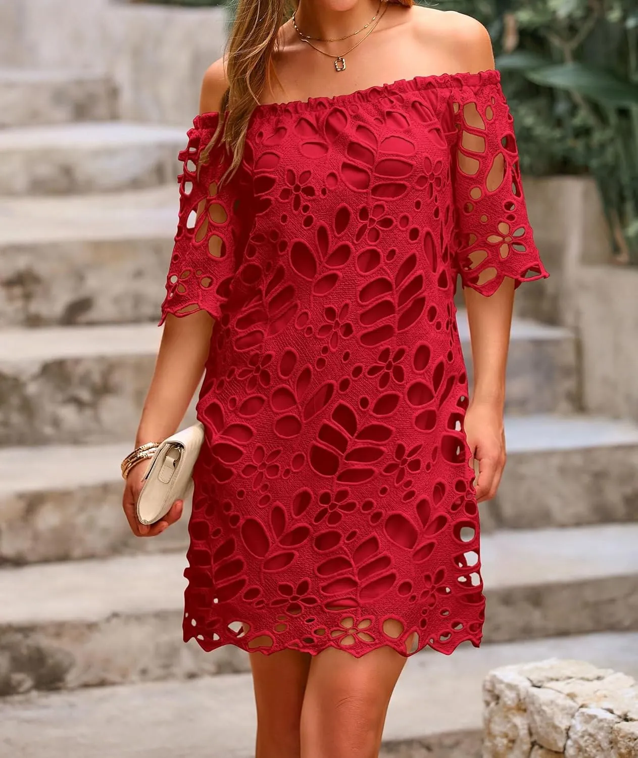 Melliflo Women's Off Shoulder Lace Shift Mini Dress Open Back Floral Crochet Casual Sundress A Line Loose Fit Mini Dress