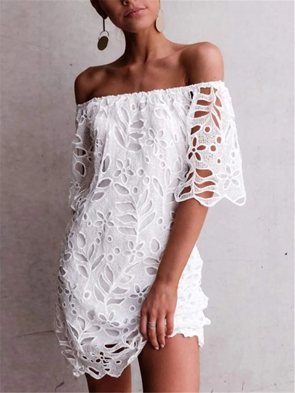 Melliflo Women's Off Shoulder Lace Shift Mini Dress Open Back Floral Crochet Casual Sundress A Line Loose Fit Mini Dress