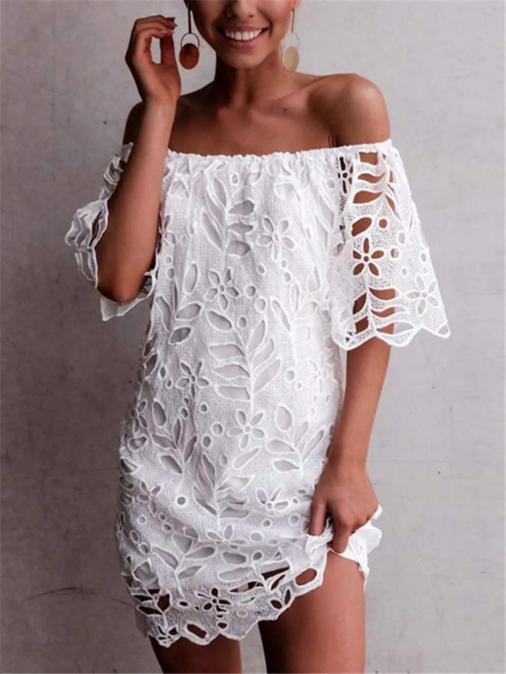 Melliflo Women's Off Shoulder Lace Shift Mini Dress Open Back Floral Crochet Casual Sundress A Line Loose Fit Mini Dress