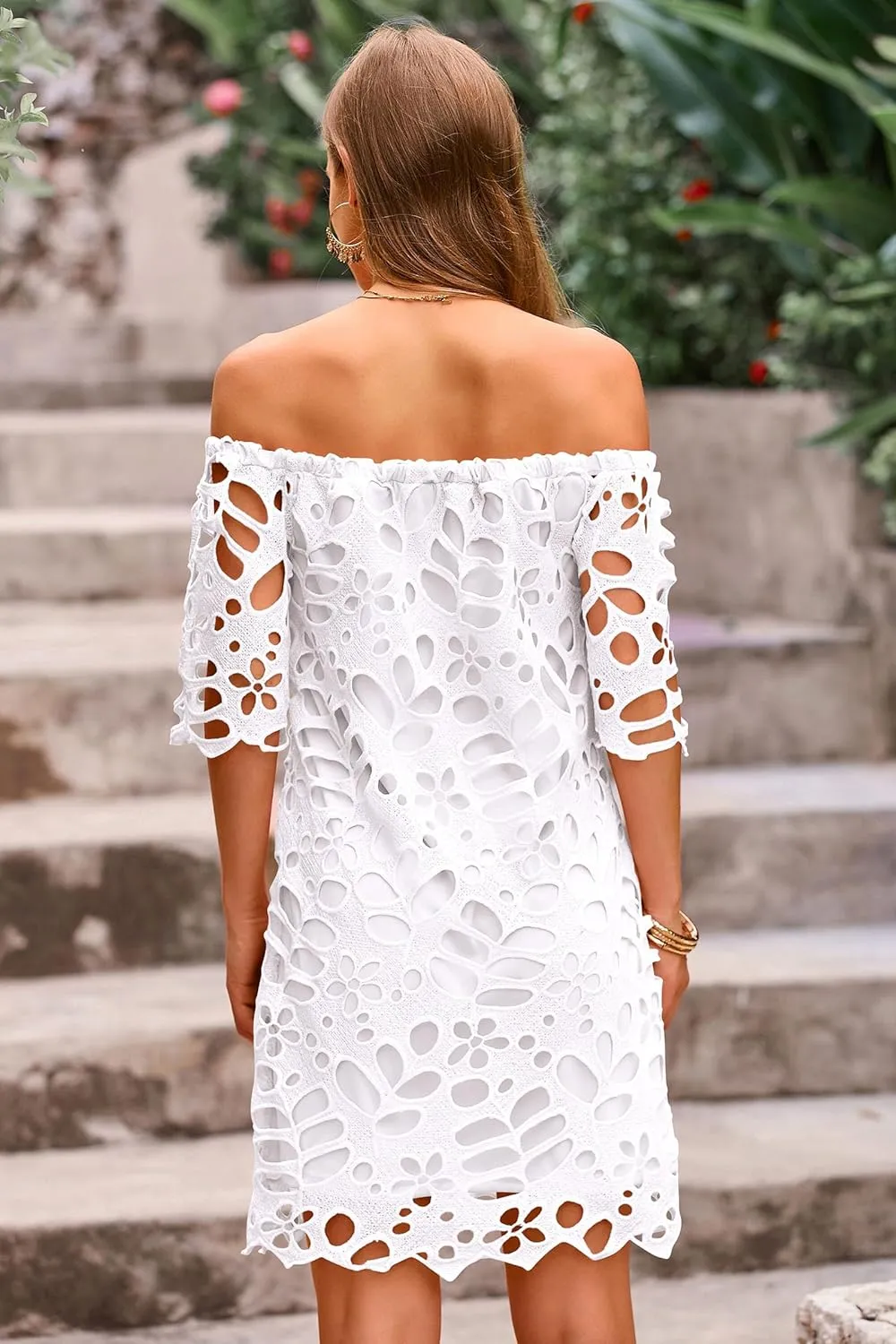 Melliflo Women's Off Shoulder Lace Shift Mini Dress Open Back Floral Crochet Casual Sundress A Line Loose Fit Mini Dress