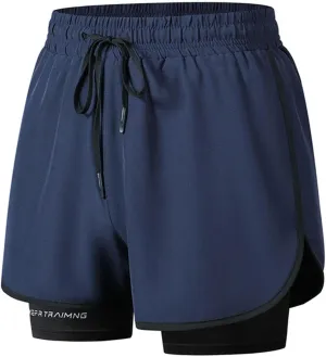 Men Workout Shorts 2 in 1 Running Short Summer Drawstring Elastic Athletic Pants with Liner and Zip Pockets