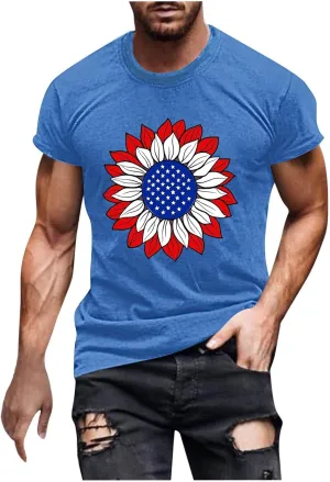 Men's American Flag Muscle T-Shirt Workout Crewneck Star Stripes Sunflower Graphic Tees Short Sleeve Casual Patriotic Tops