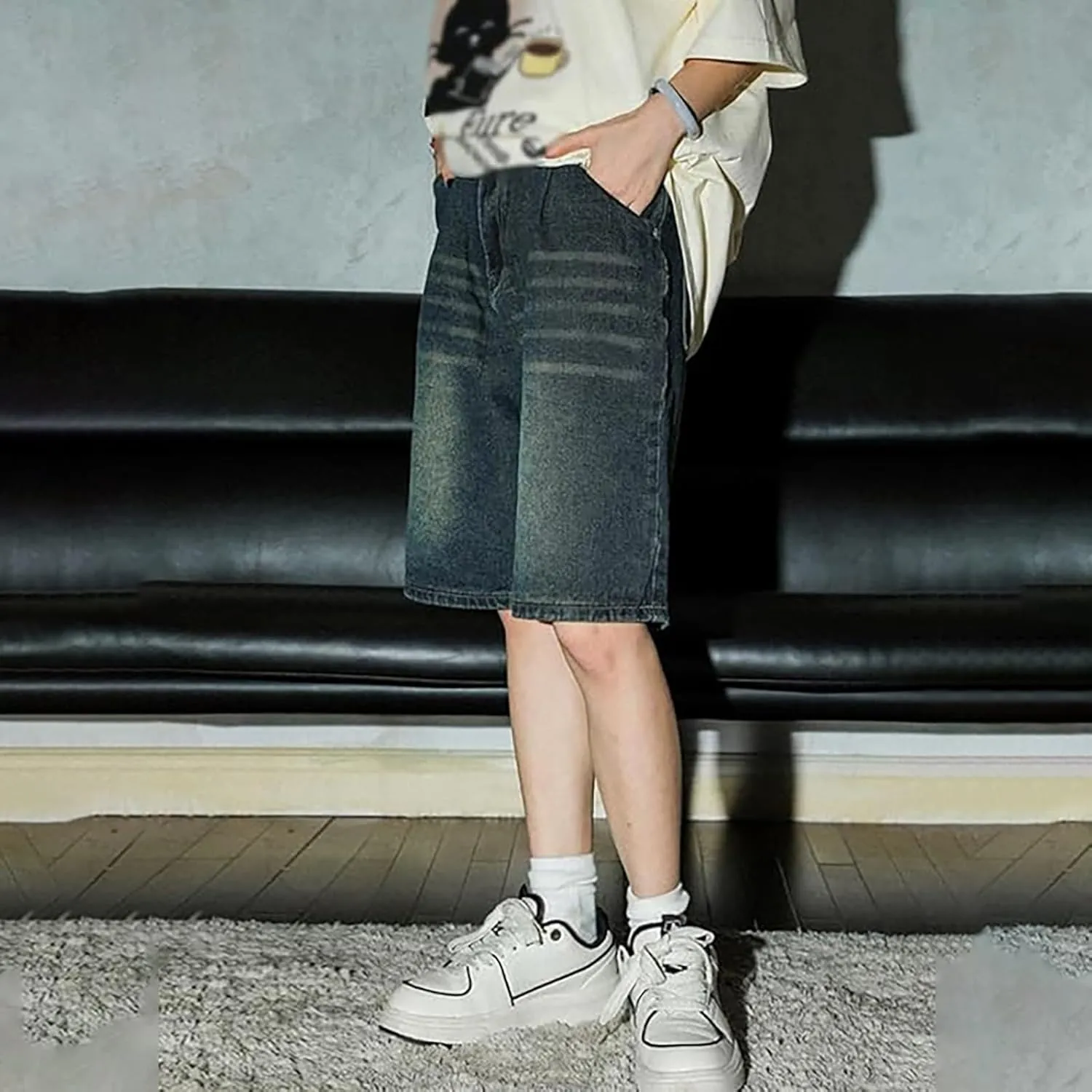 Men's Baggy Jeans Shorts Y2K Wide Leg Loose Hip-Hop Denim Shorts High Waisted Casual Fashion Jorts Streetwear with Pockets