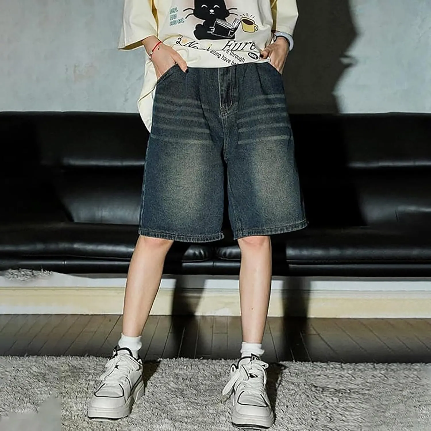 Men's Baggy Jeans Shorts Y2K Wide Leg Loose Hip-Hop Denim Shorts High Waisted Casual Fashion Jorts Streetwear with Pockets