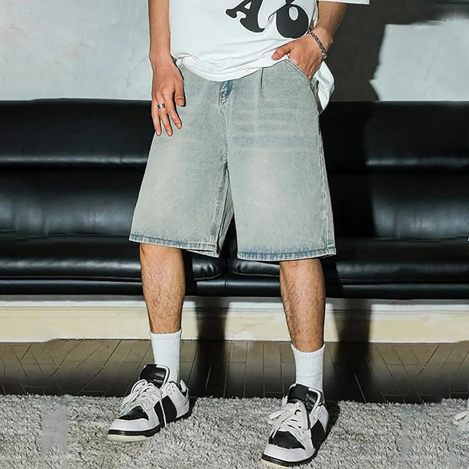 Men's Baggy Jeans Shorts Y2K Wide Leg Loose Hip-Hop Denim Shorts High Waisted Casual Fashion Jorts Streetwear with Pockets