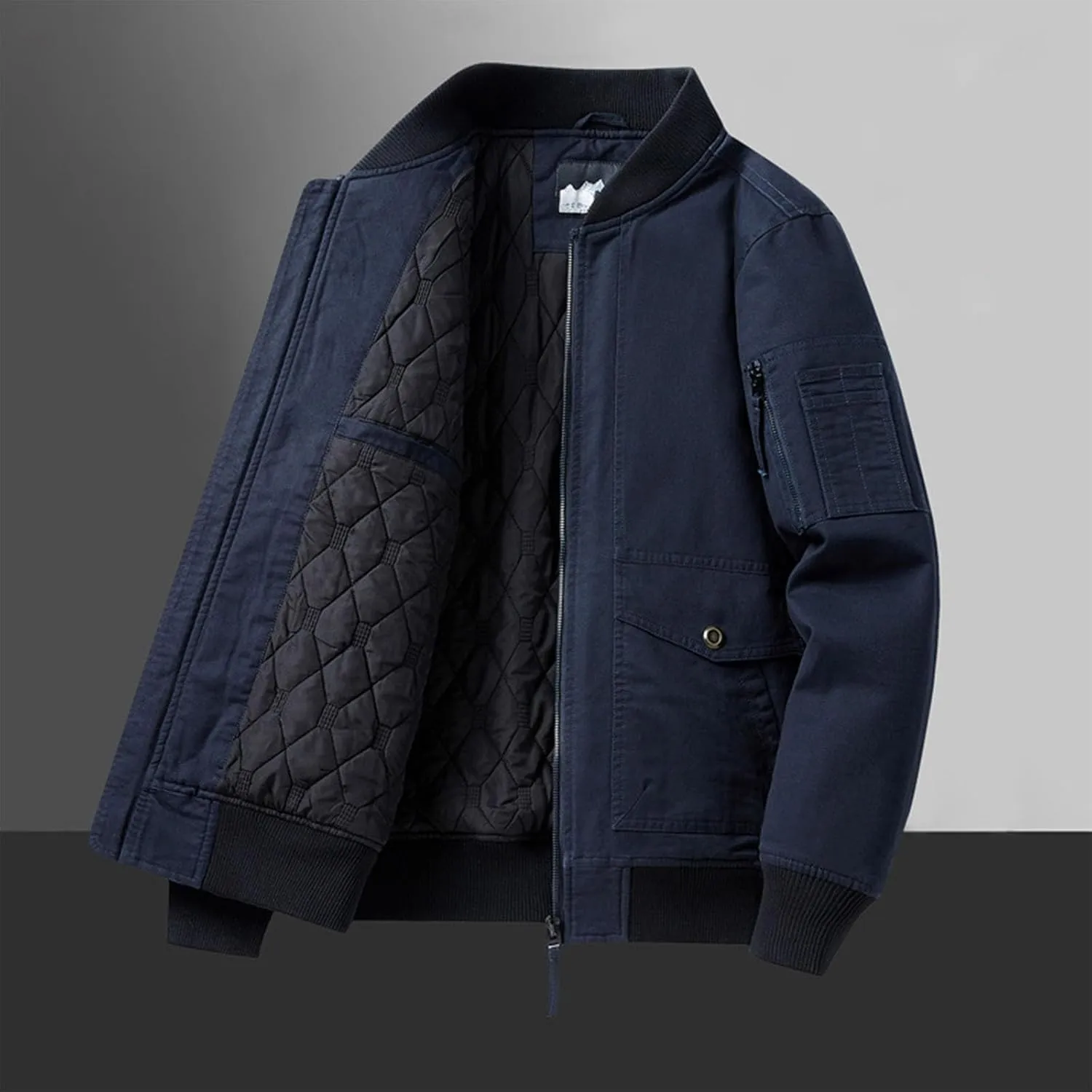 Mens Bomber Jacket Casual Fall Winter Military Jacket Full Zip Quilted Lined Coats Windproof Warm Outwear with Pocket