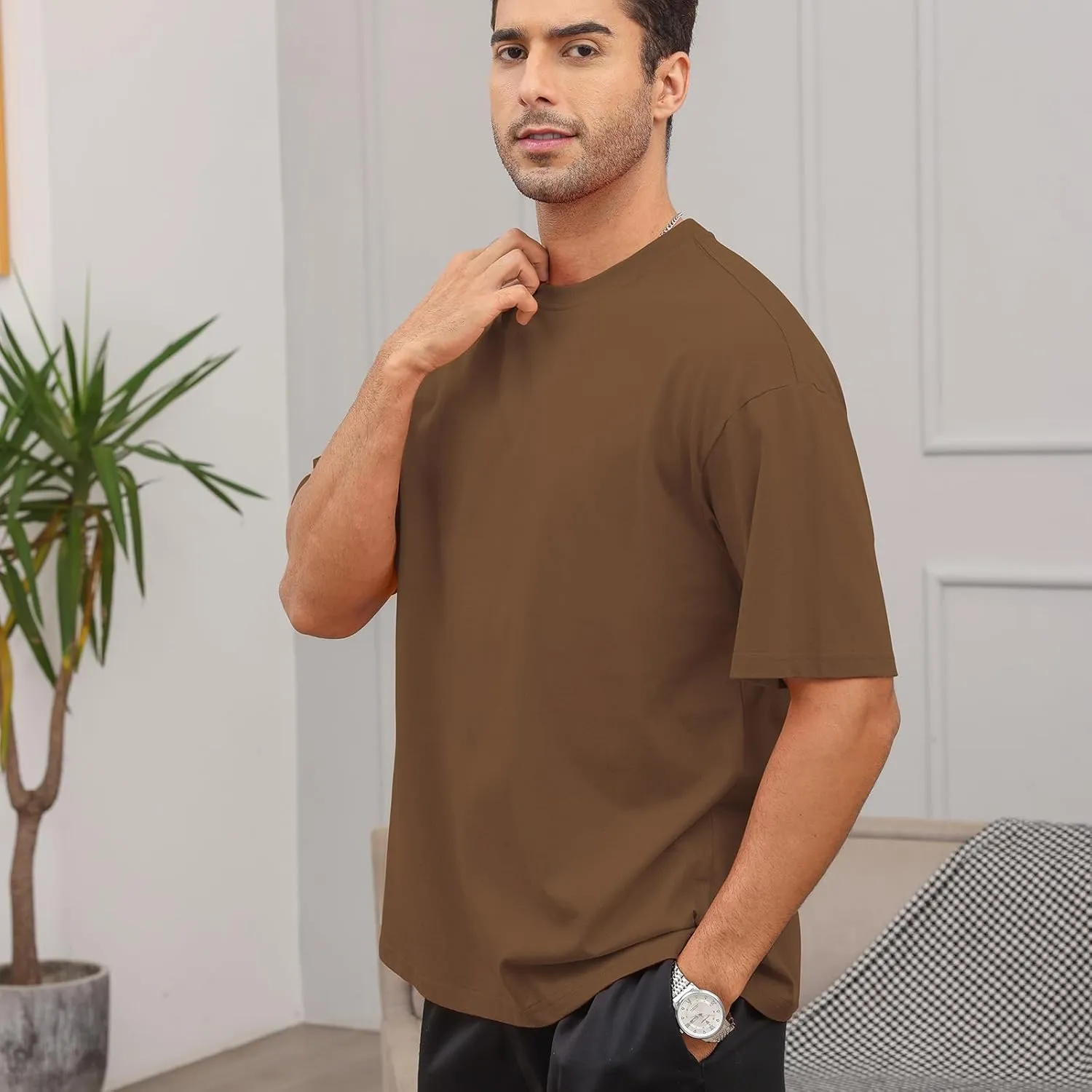 Men's Fashion Loose Fit T-Shirt Crew Neck Athletic Workout Tshirts Heavyweight Short Sleeve Premium Cotton Basic Tee
