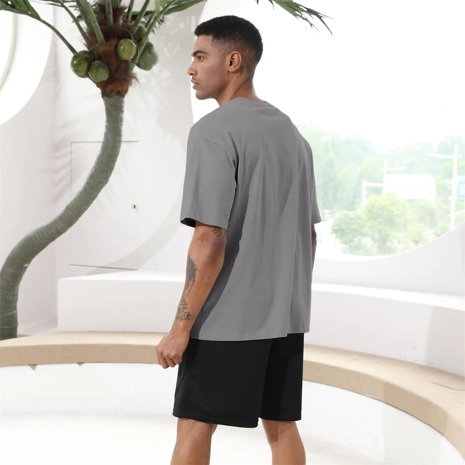 Men's Fashion Loose Fit T-Shirt Crew Neck Athletic Workout Tshirts Heavyweight Short Sleeve Premium Cotton Basic Tee