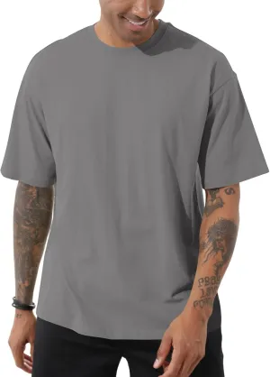 Men's Fashion Loose Fit T-Shirt Crew Neck Athletic Workout Tshirts Heavyweight Short Sleeve Premium Cotton Basic Tee