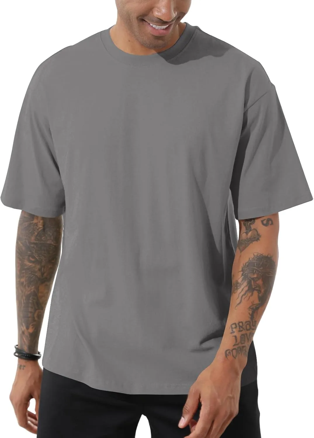 Men's Fashion Loose Fit T-Shirt Crew Neck Athletic Workout Tshirts Heavyweight Short Sleeve Premium Cotton Basic Tee