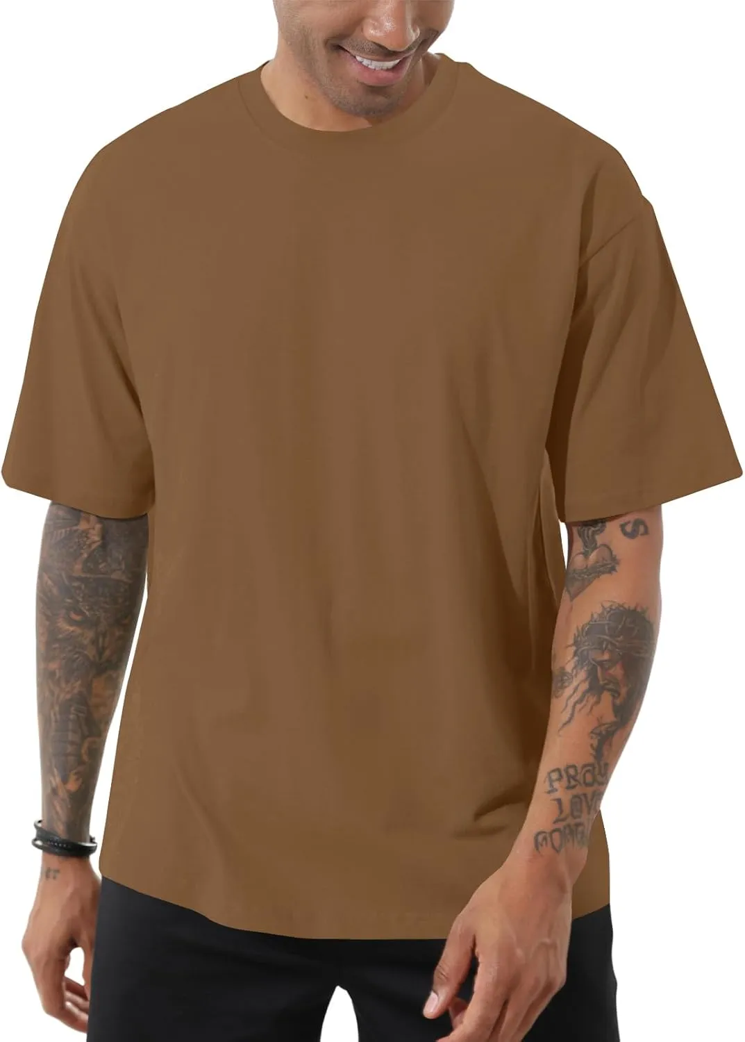 Men's Fashion Loose Fit T-Shirt Crew Neck Athletic Workout Tshirts Heavyweight Short Sleeve Premium Cotton Basic Tee