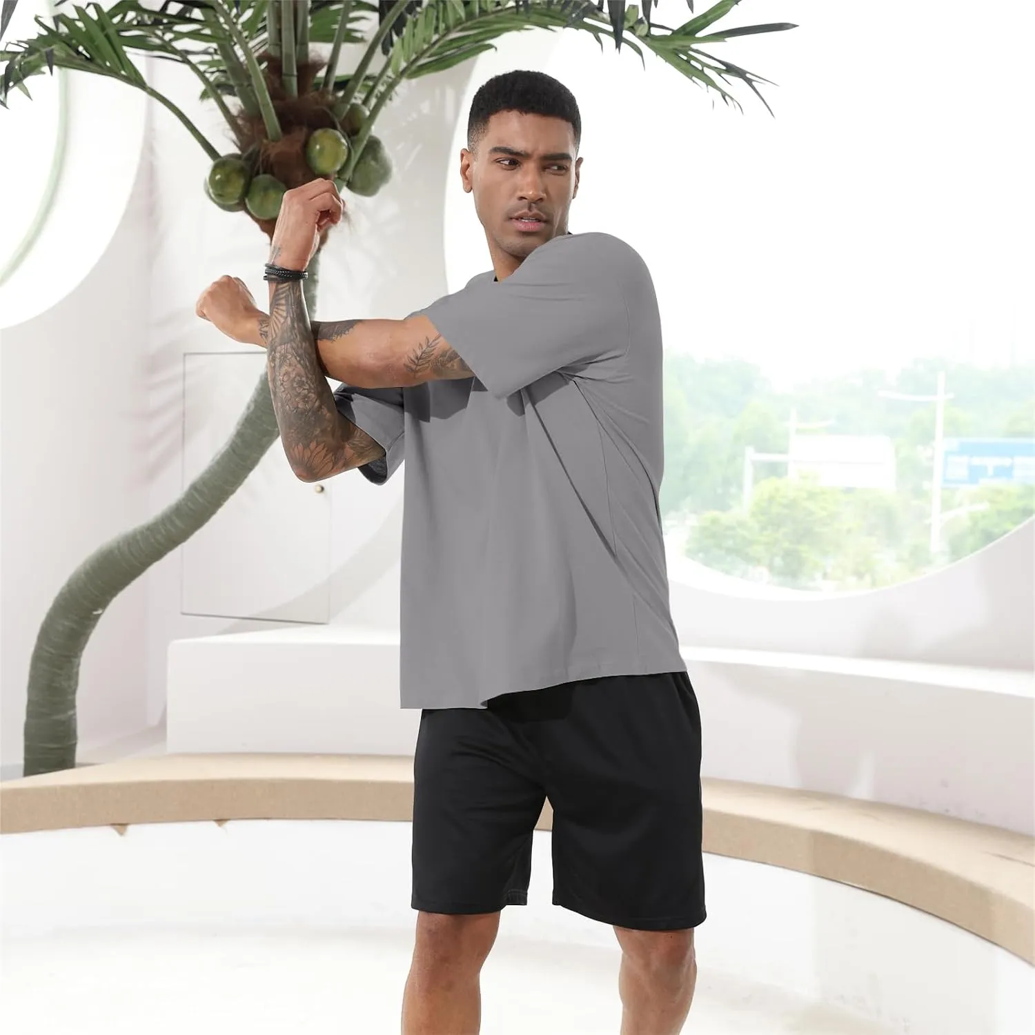 Men's Fashion Loose Fit T-Shirt Crew Neck Athletic Workout Tshirts Heavyweight Short Sleeve Premium Cotton Basic Tee