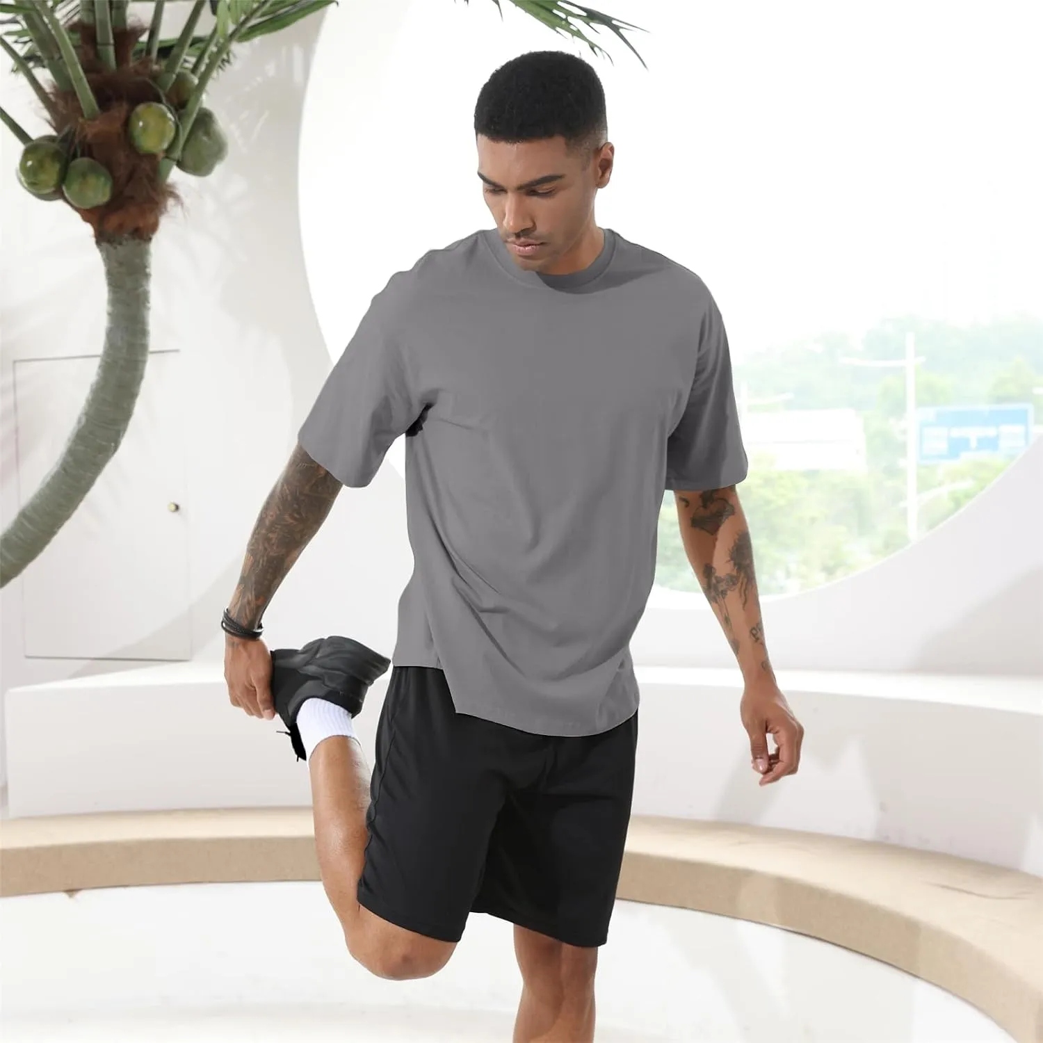 Men's Fashion Loose Fit T-Shirt Crew Neck Athletic Workout Tshirts Heavyweight Short Sleeve Premium Cotton Basic Tee