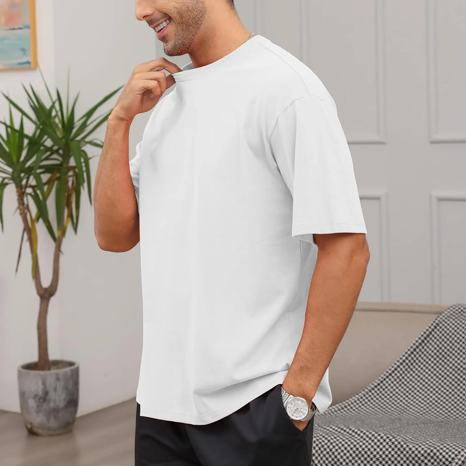 Men's Fashion Loose Fit T-Shirt Crew Neck Athletic Workout Tshirts Heavyweight Short Sleeve Premium Cotton Basic Tee