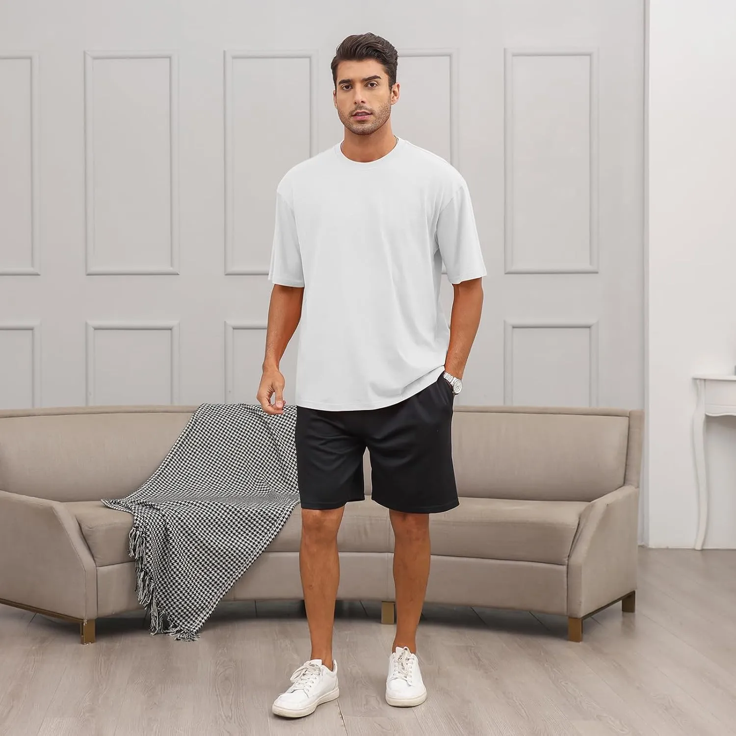 Men's Fashion Loose Fit T-Shirt Crew Neck Athletic Workout Tshirts Heavyweight Short Sleeve Premium Cotton Basic Tee