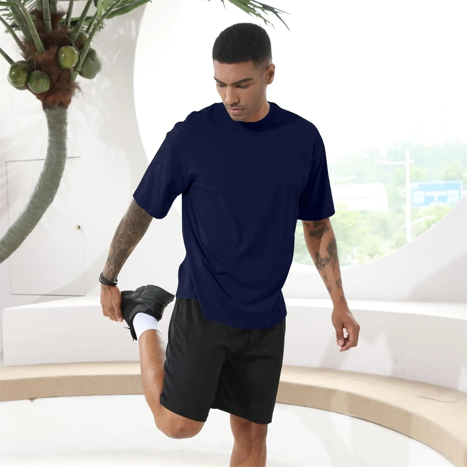Men's Fashion Loose Fit T-Shirt Crew Neck Athletic Workout Tshirts Heavyweight Short Sleeve Premium Cotton Basic Tee