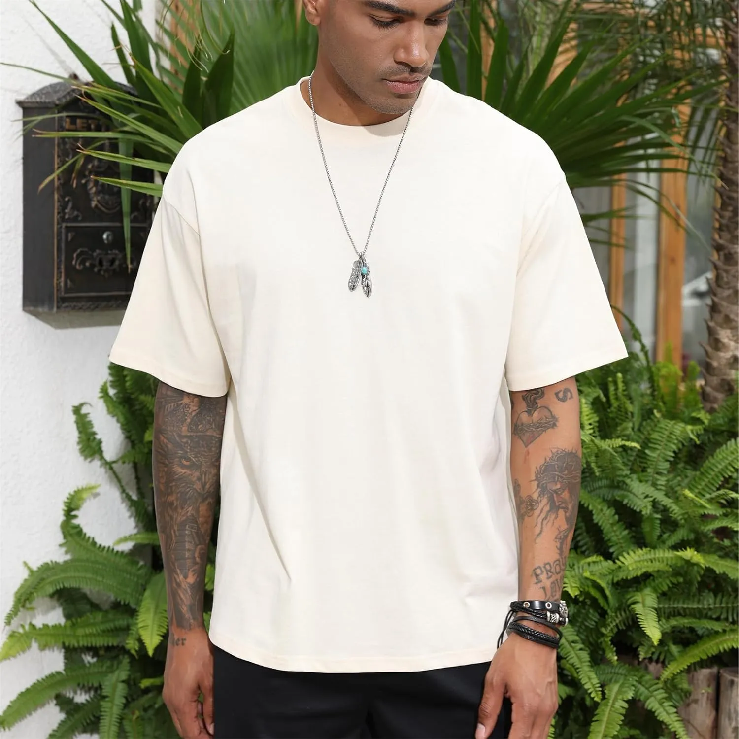 Men's Fashion Loose Fit T-Shirt Crew Neck Athletic Workout Tshirts Heavyweight Short Sleeve Premium Cotton Basic Tee