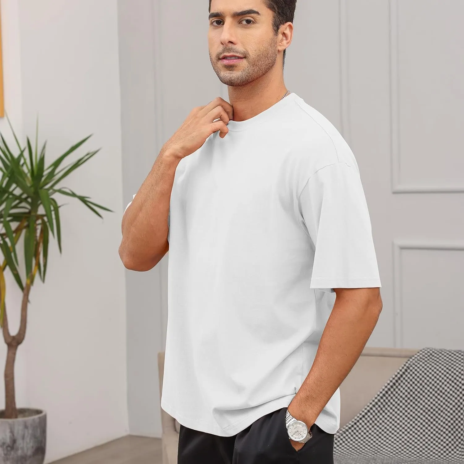 Men's Fashion Loose Fit T-Shirt Crew Neck Athletic Workout Tshirts Heavyweight Short Sleeve Premium Cotton Basic Tee