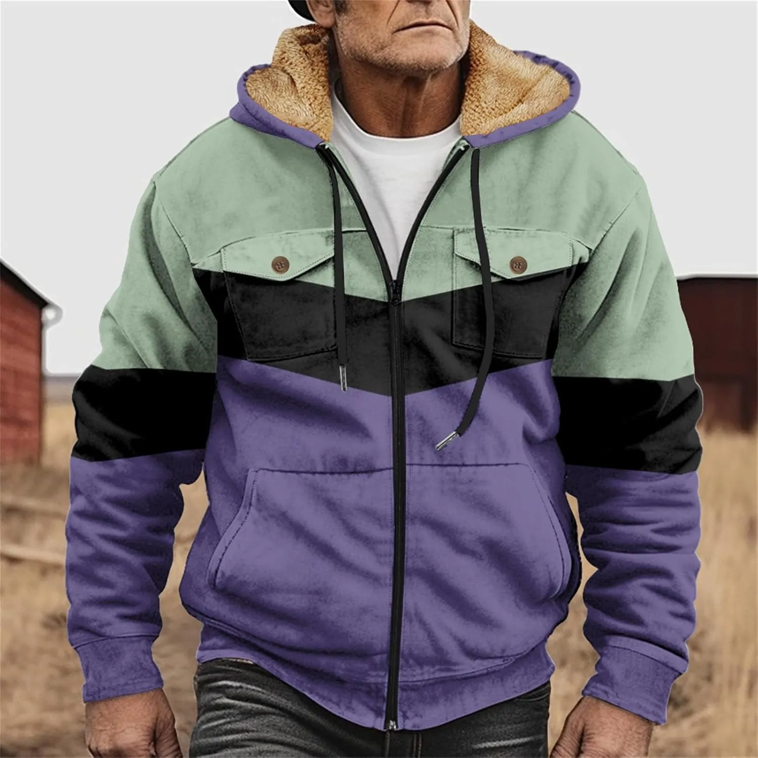 Men's Fleece Sweatshirts Jackets Plush Warm Fuzzy Winter Hoodies Workout Loose Fit Outdoor Thermal Cargo Sherpa Coats