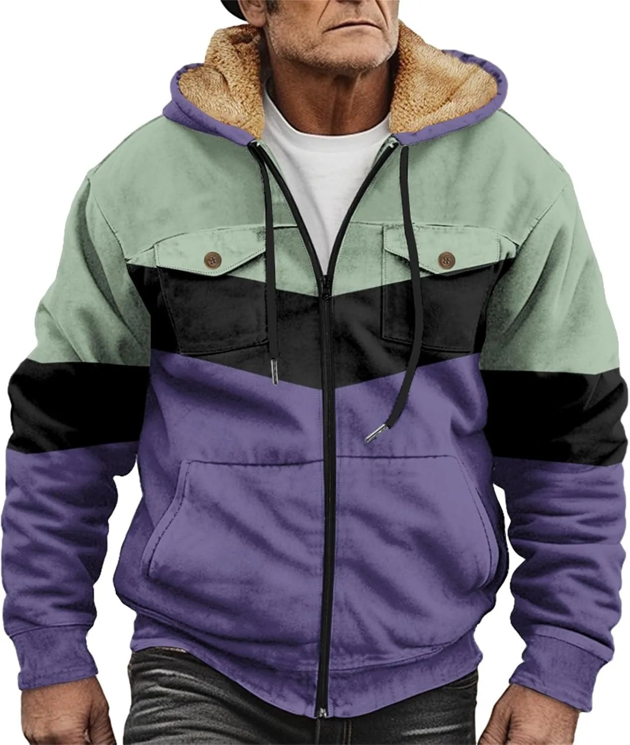Men's Fleece Sweatshirts Jackets Plush Warm Fuzzy Winter Hoodies Workout Loose Fit Outdoor Thermal Cargo Sherpa Coats