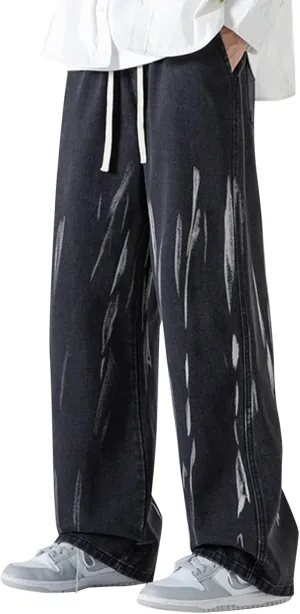Mens Jeans Relaxed Fit Vintage Drawstring Jeans Loose Denim Pants with Pockets Hip Hop Dance Pants Streetwear