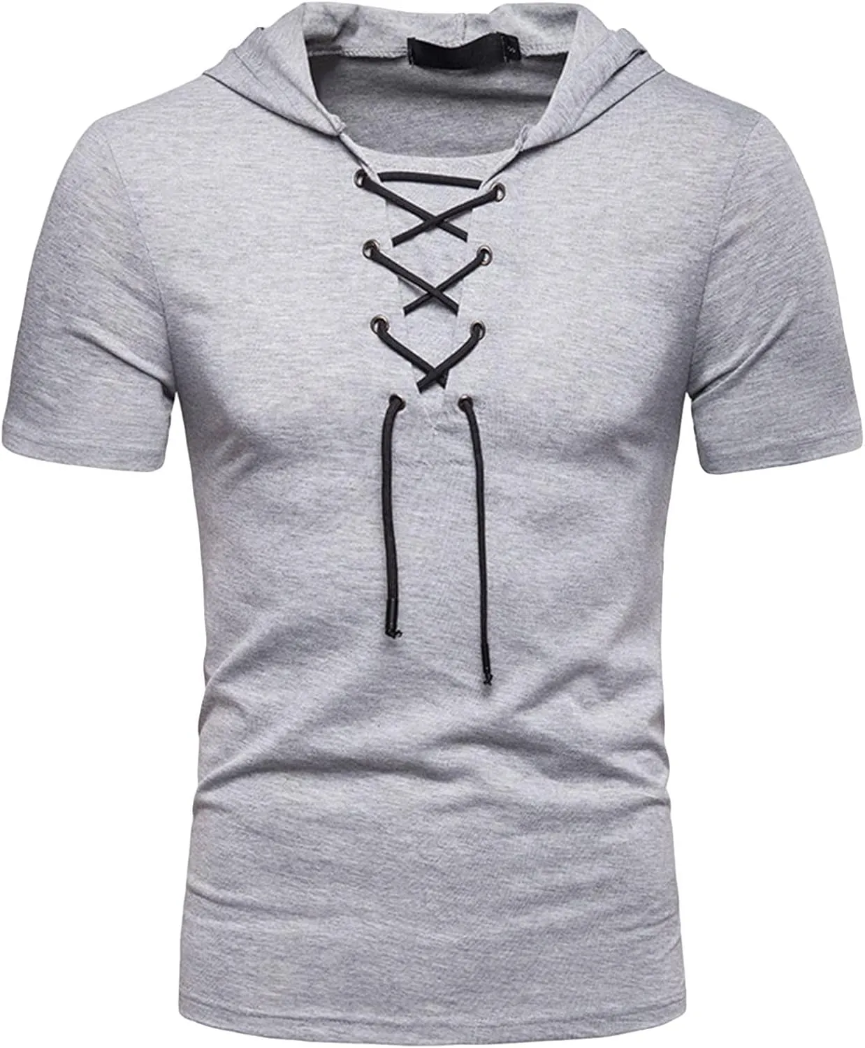 Men's Lace-up Fashion Hoodies Short Sleeve Hooded Solid Color T-Shirt T-Shirt Casual Beach Hippie Tops