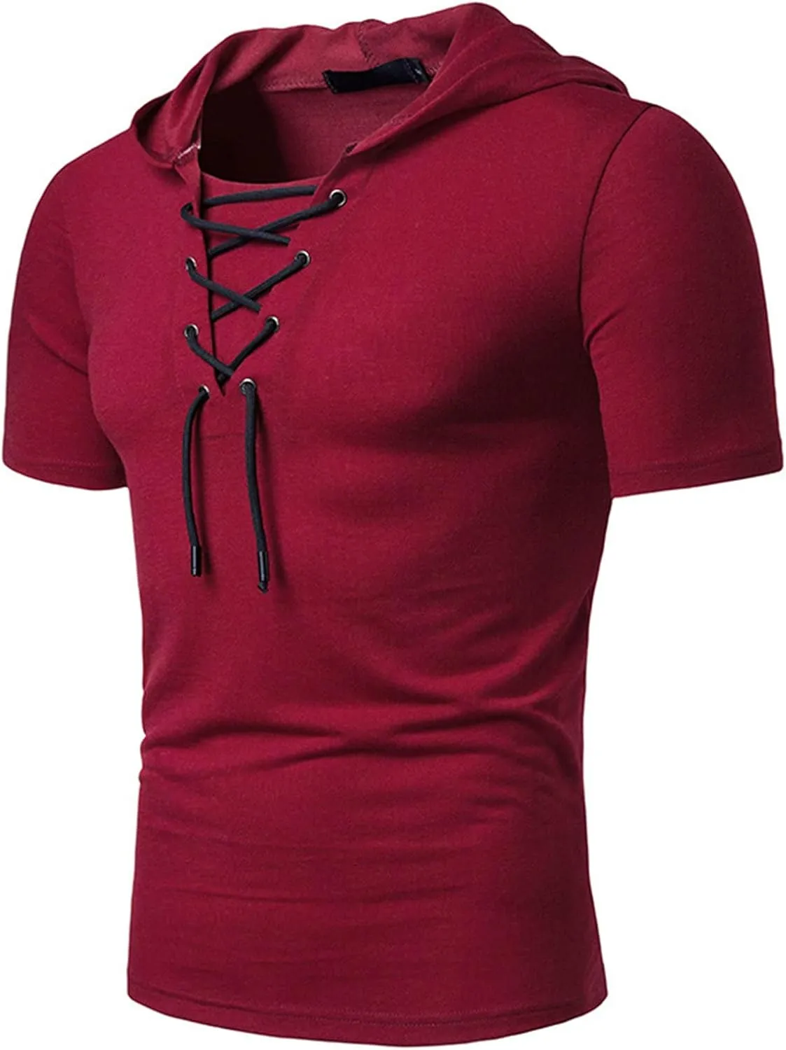 Men's Lace-up Fashion Hoodies Short Sleeve Hooded Solid Color T-Shirt T-Shirt Casual Beach Hippie Tops