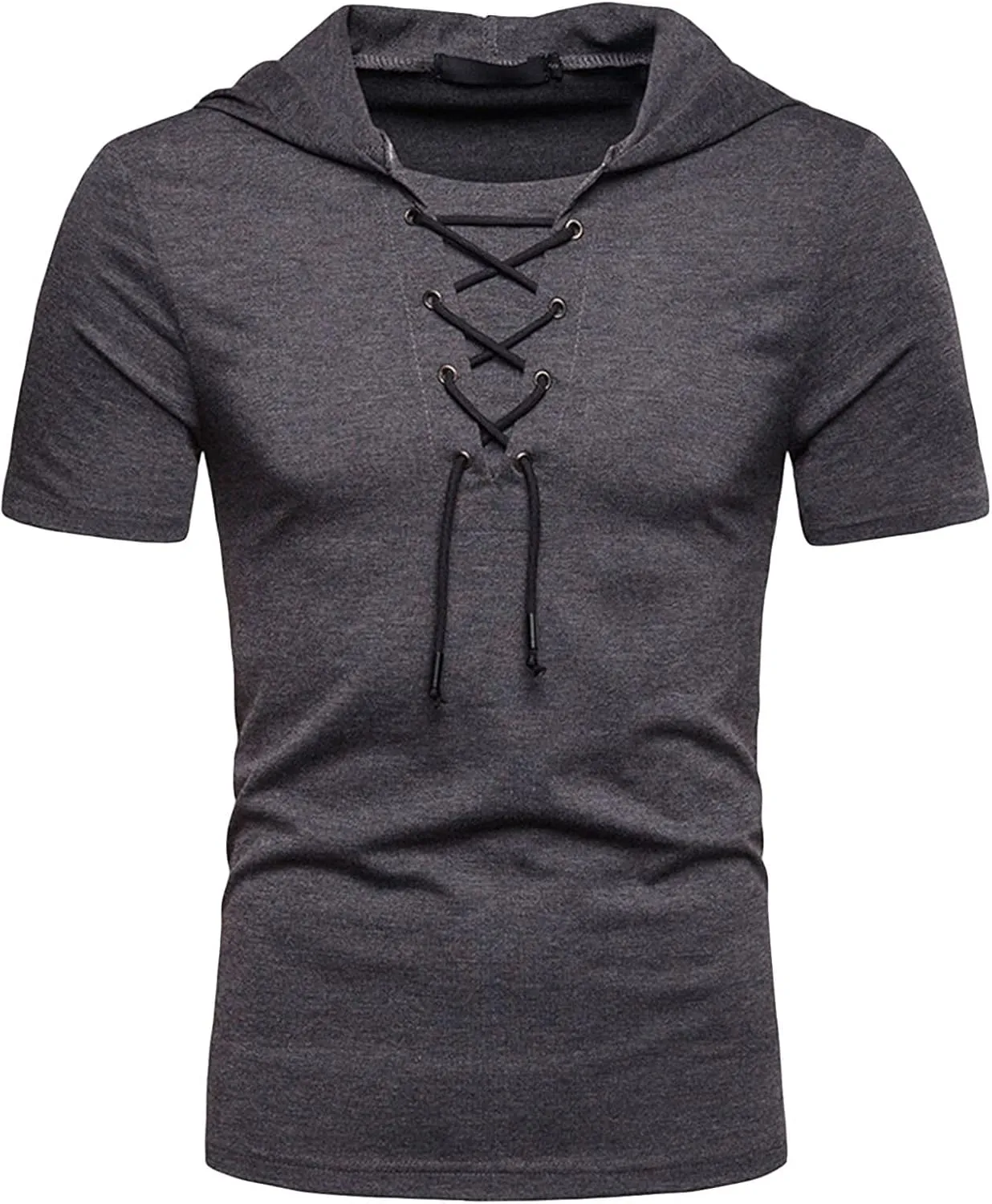 Men's Lace-up Fashion Hoodies Short Sleeve Hooded Solid Color T-Shirt T-Shirt Casual Beach Hippie Tops