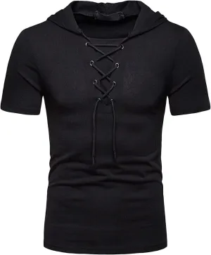 Men's Lace-up Fashion Hoodies Short Sleeve Hooded Solid Color T-Shirt T-Shirt Casual Beach Hippie Tops