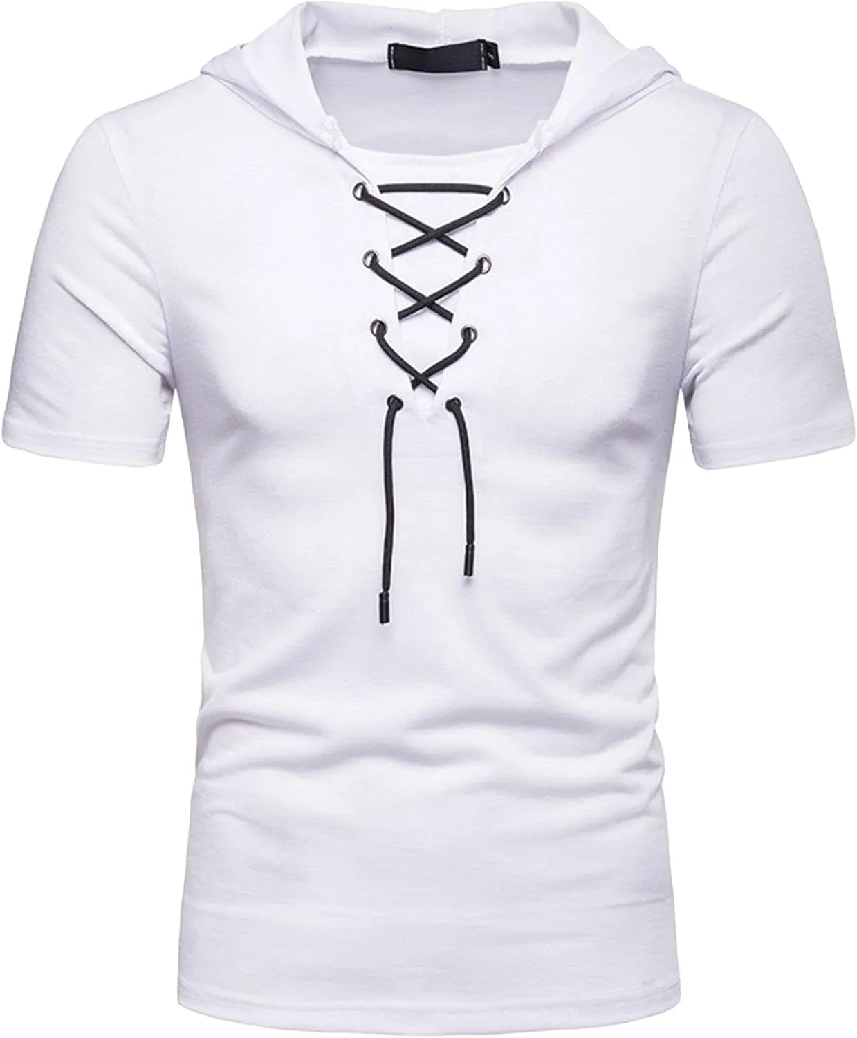 Men's Lace-up Fashion Hoodies Short Sleeve Hooded Solid Color T-Shirt T-Shirt Casual Beach Hippie Tops