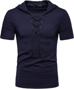 Men's Lace-up Fashion Hoodies Short Sleeve Hooded Solid Color T-Shirt T-Shirt Casual Beach Hippie Tops