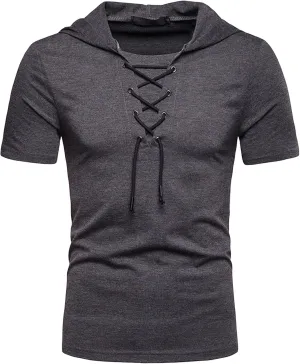 Men's Lace-up Fashion Hoodies Short Sleeve Hooded Solid Color T-Shirt T-Shirt Casual Beach Hippie Tops