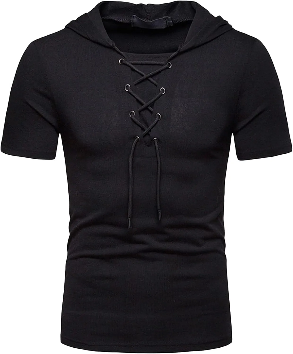 Men's Lace-up Fashion Hoodies Short Sleeve Hooded Solid Color T-Shirt T-Shirt Casual Beach Hippie Tops