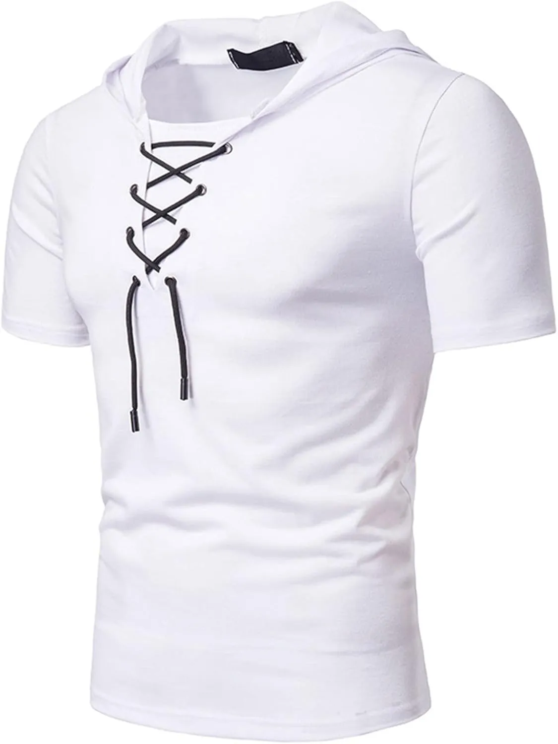 Men's Lace-up Fashion Hoodies Short Sleeve Hooded Solid Color T-Shirt T-Shirt Casual Beach Hippie Tops