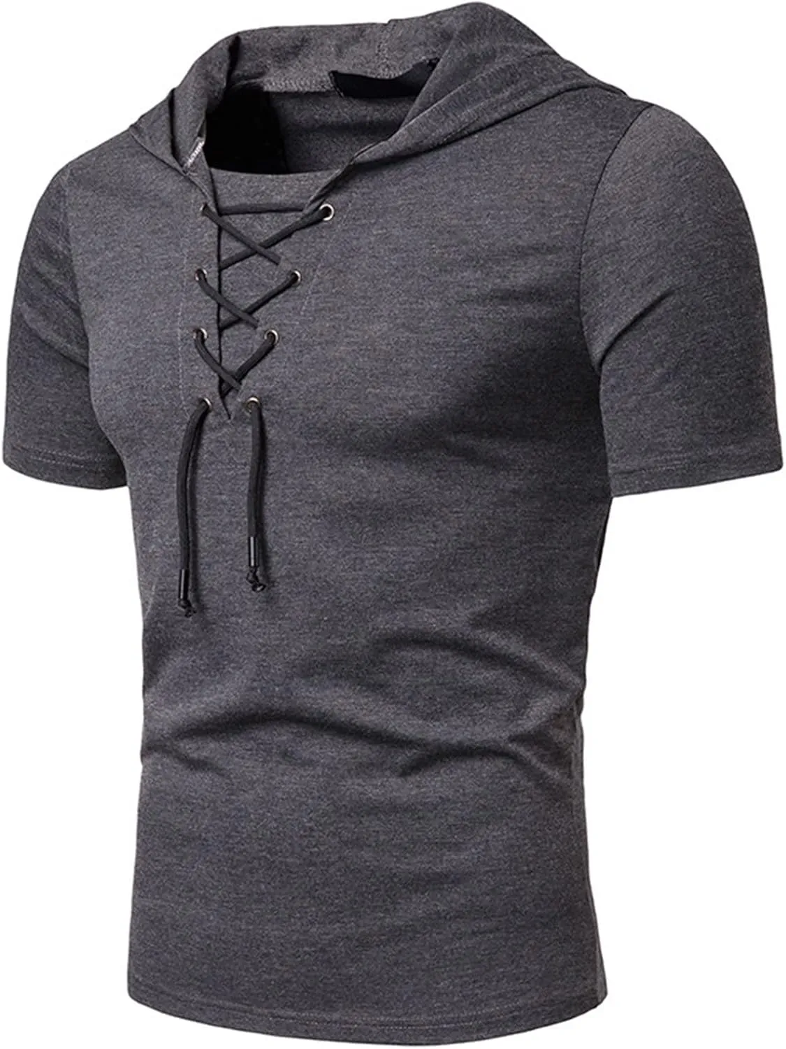 Men's Lace-up Fashion Hoodies Short Sleeve Hooded Solid Color T-Shirt T-Shirt Casual Beach Hippie Tops
