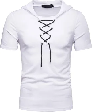 Men's Lace-up Fashion Hoodies Short Sleeve Hooded Solid Color T-Shirt T-Shirt Casual Beach Hippie Tops