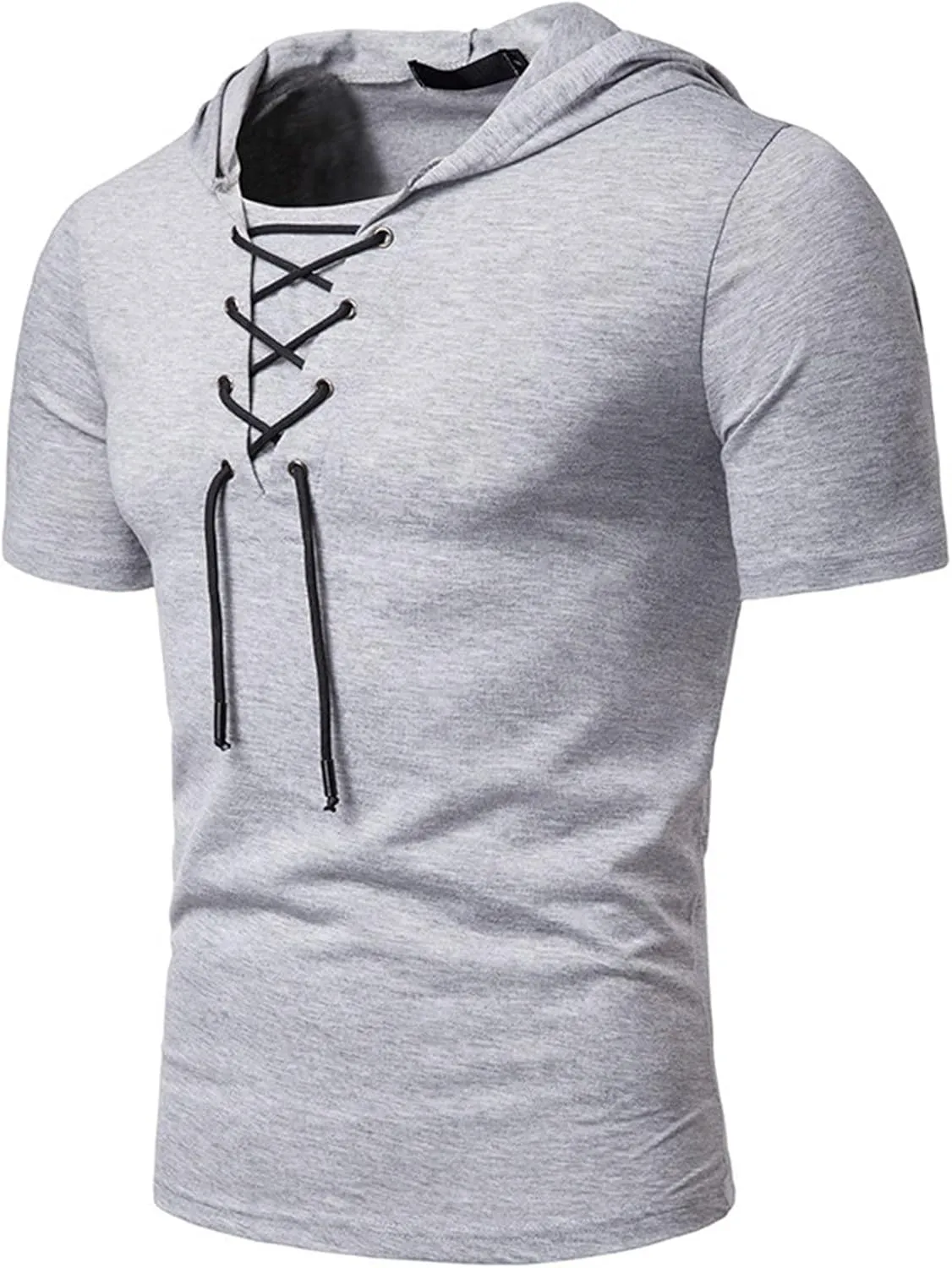 Men's Lace-up Fashion Hoodies Short Sleeve Hooded Solid Color T-Shirt T-Shirt Casual Beach Hippie Tops