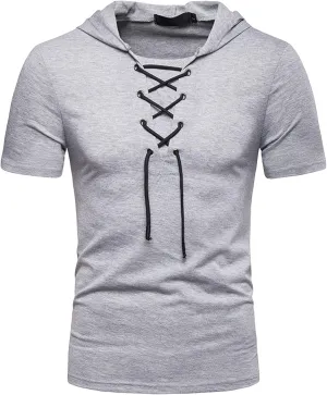 Men's Lace-up Fashion Hoodies Short Sleeve Hooded Solid Color T-Shirt T-Shirt Casual Beach Hippie Tops