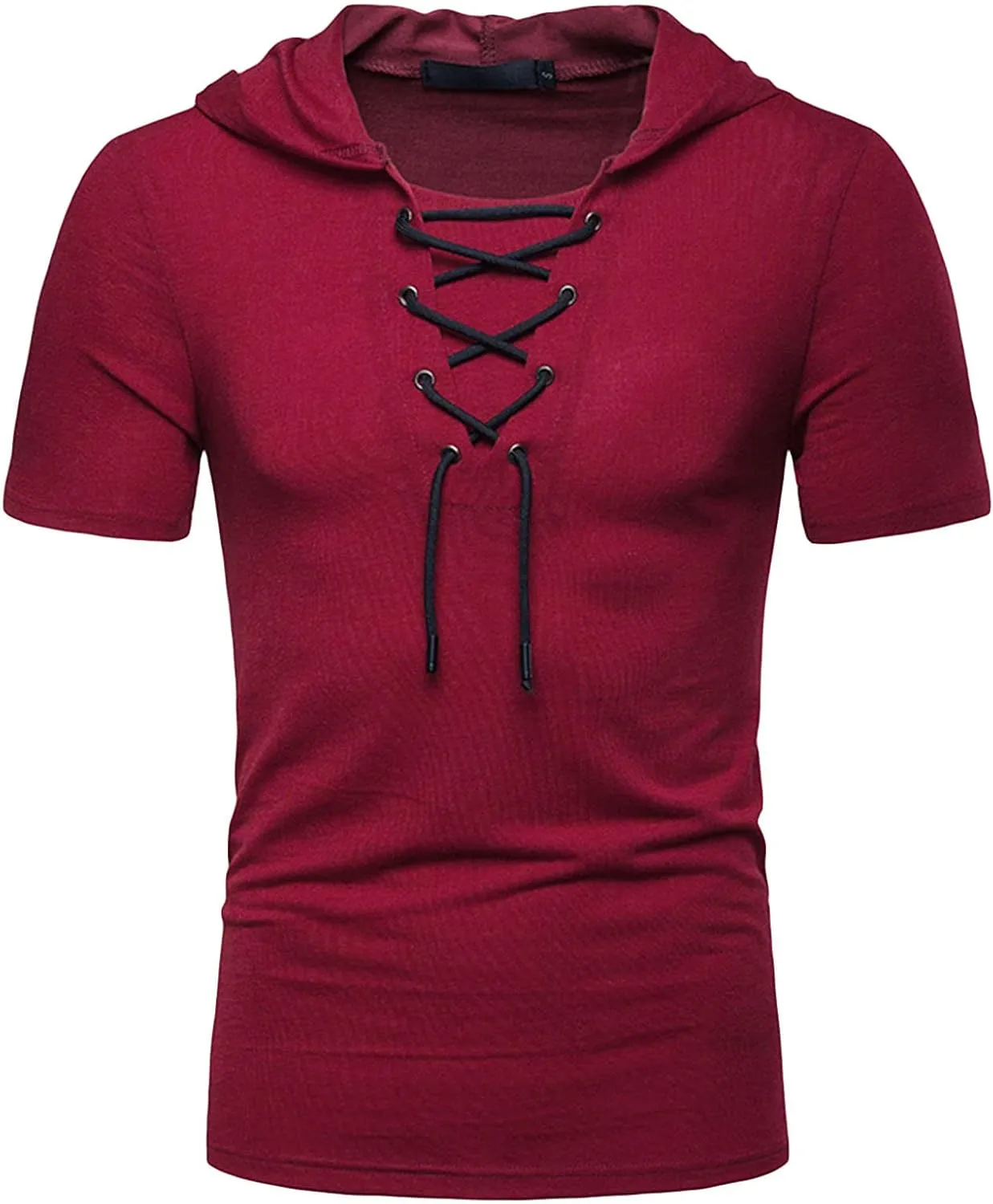 Men's Lace-up Fashion Hoodies Short Sleeve Hooded Solid Color T-Shirt T-Shirt Casual Beach Hippie Tops