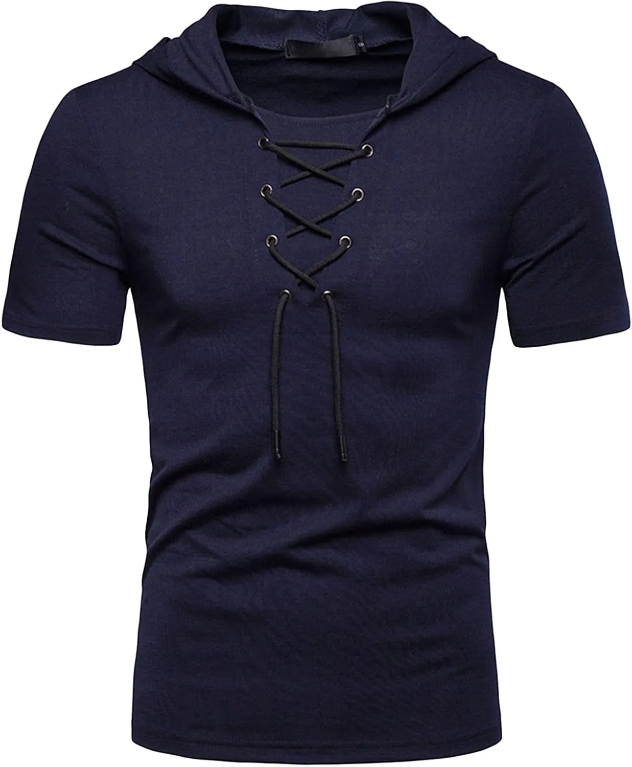 Men's Lace-up Fashion Hoodies Short Sleeve Hooded Solid Color T-Shirt T-Shirt Casual Beach Hippie Tops