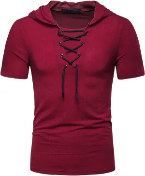 Men's Lace-up Fashion Hoodies Short Sleeve Hooded Solid Color T-Shirt T-Shirt Casual Beach Hippie Tops