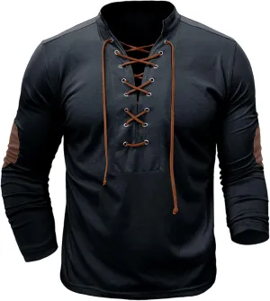 Men's Lace Up Tee Shirt Casual Long Sleeve Button Solid Color T-Shirt Medieval Renaissance Viking Shirts for Men