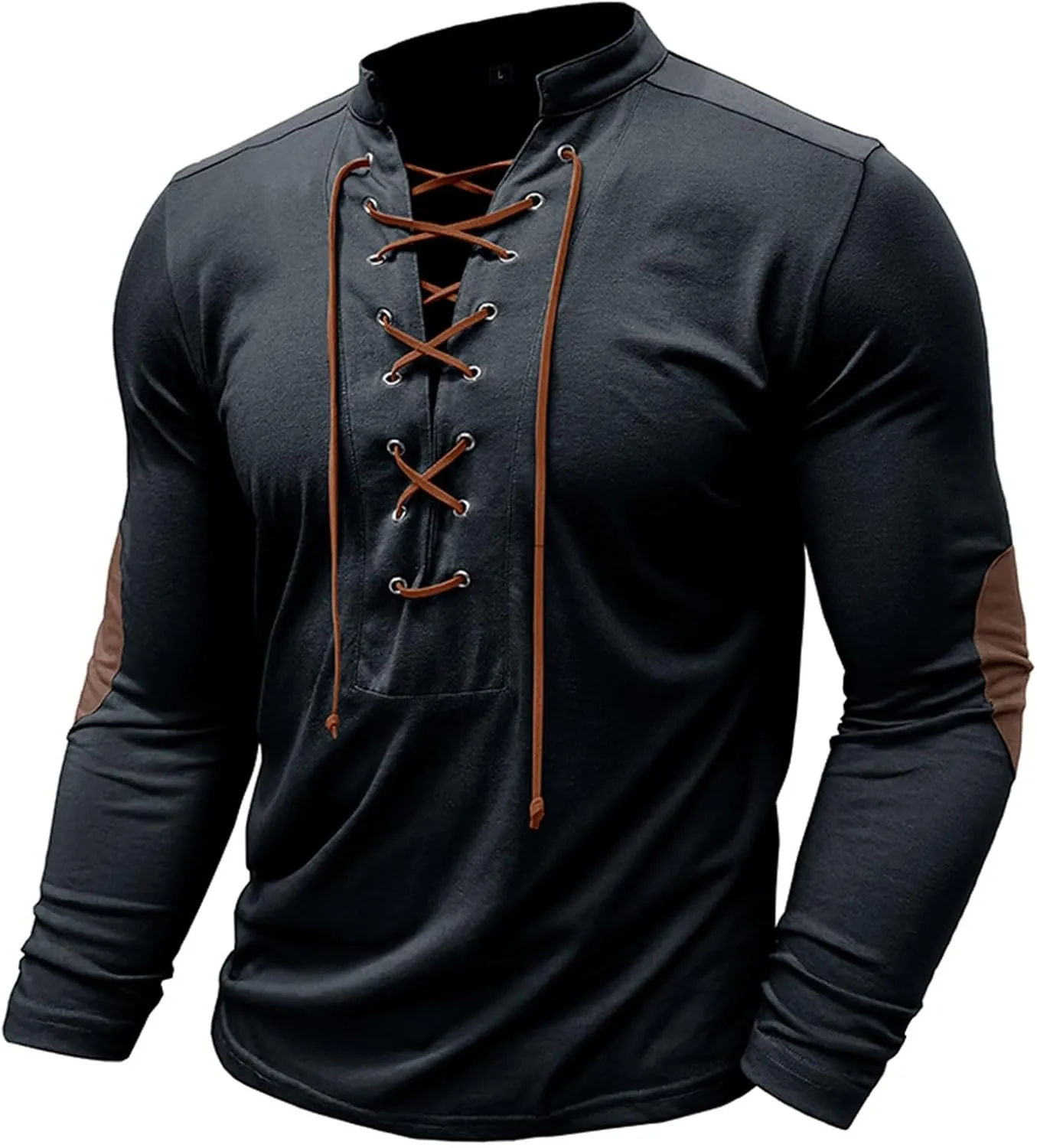 Men's Lace Up Tee Shirt Casual Long Sleeve Button Solid Color T-Shirt Medieval Renaissance Viking Shirts for Men