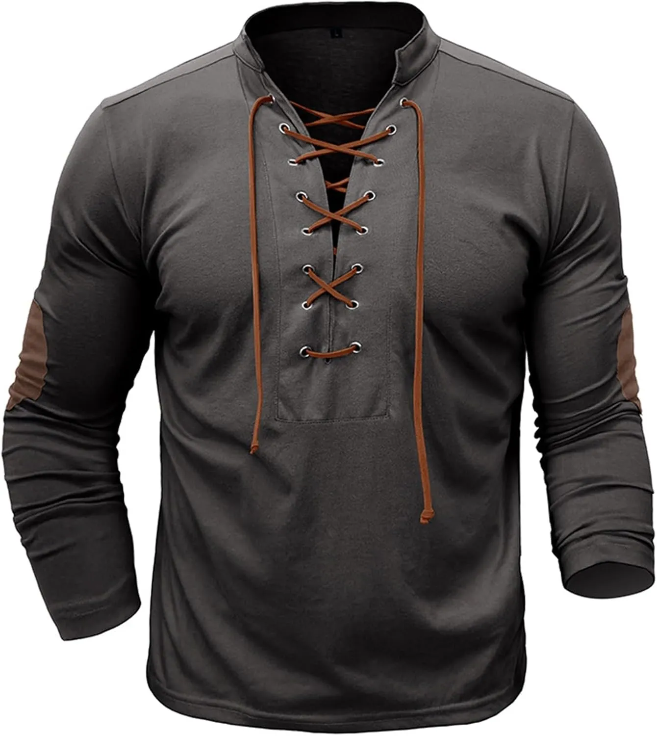 Men's Lace Up Tee Shirt Casual Long Sleeve Button Solid Color T-Shirt Medieval Renaissance Viking Shirts for Men
