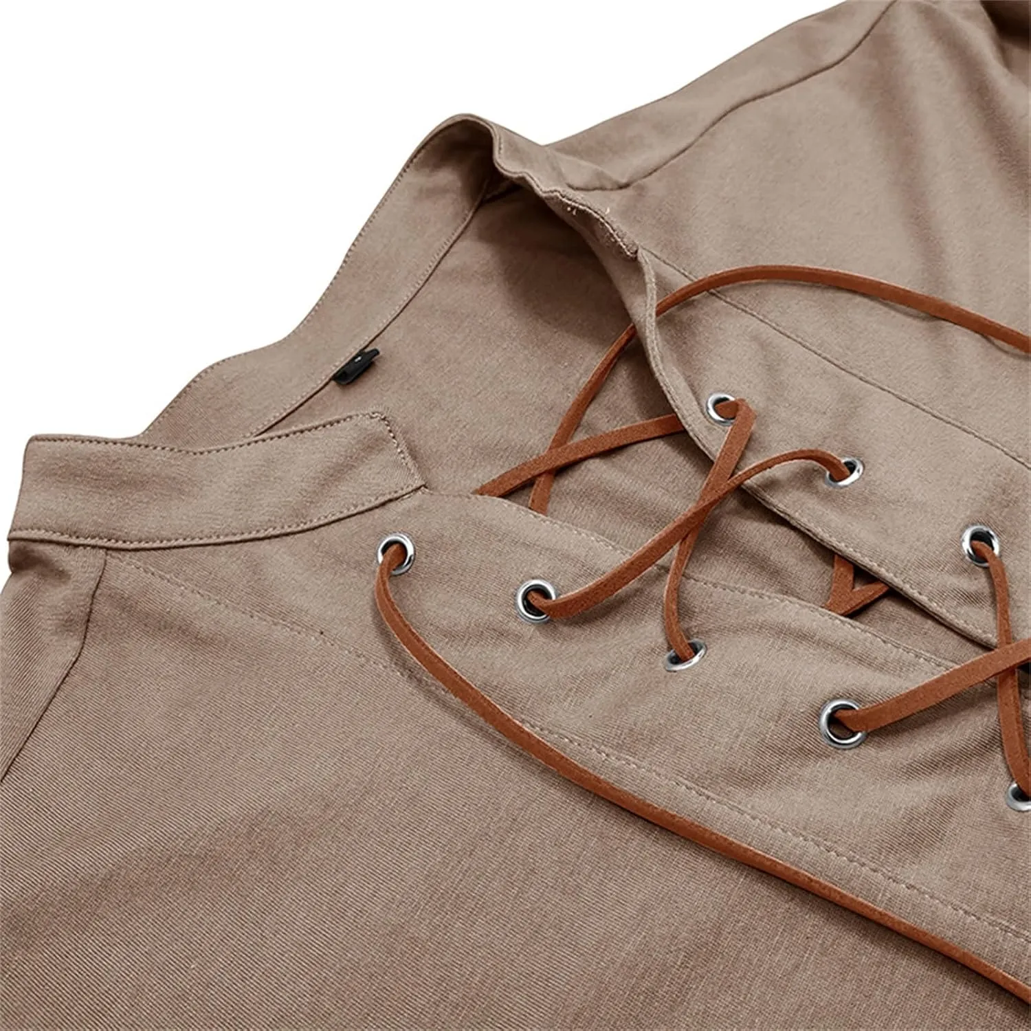 Men's Lace Up Tee Shirt Casual Long Sleeve Button Solid Color T-Shirt Medieval Renaissance Viking Shirts for Men
