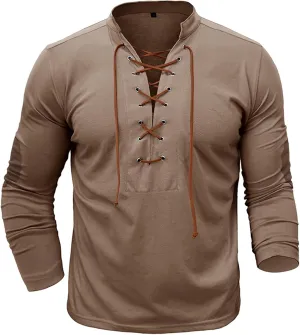 Men's Lace Up Tee Shirt Casual Long Sleeve Button Solid Color T-Shirt Medieval Renaissance Viking Shirts for Men