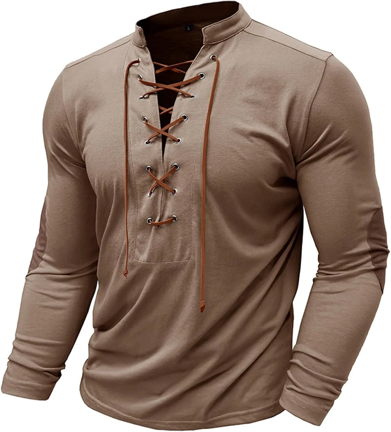 Men's Lace Up Tee Shirt Casual Long Sleeve Button Solid Color T-Shirt Medieval Renaissance Viking Shirts for Men