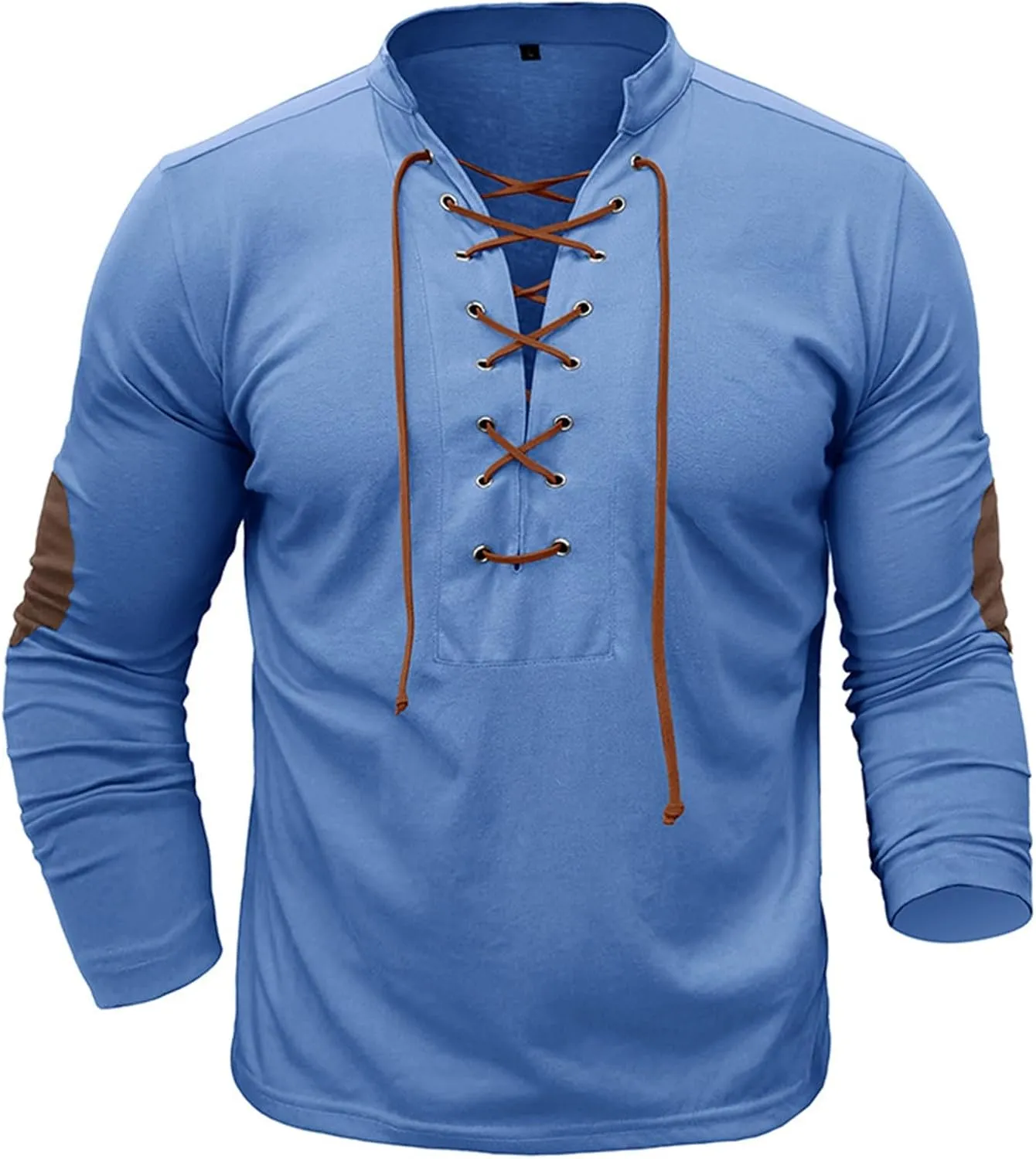 Men's Lace Up Tee Shirt Casual Long Sleeve Button Solid Color T-Shirt Medieval Renaissance Viking Shirts for Men